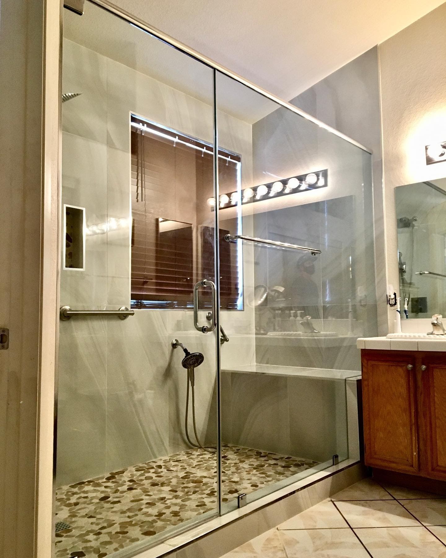 Bypass Slider - Chrome hardware with integrated towel bar - Las Vegas custom shower door project