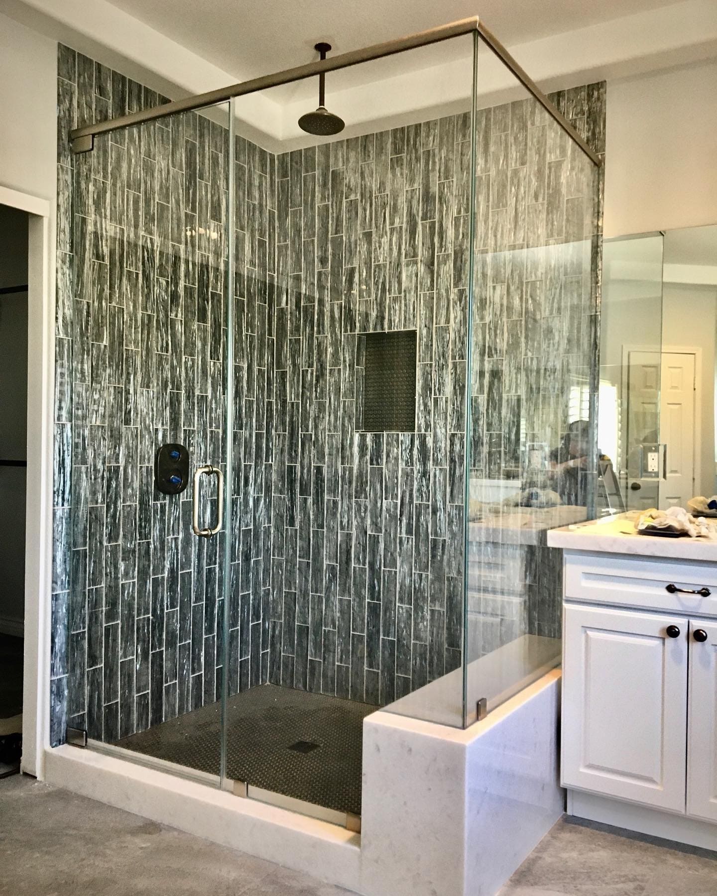 Sliding Barn-Style Door - Matte black hardware with quiet rollers - Las Vegas custom shower door project
